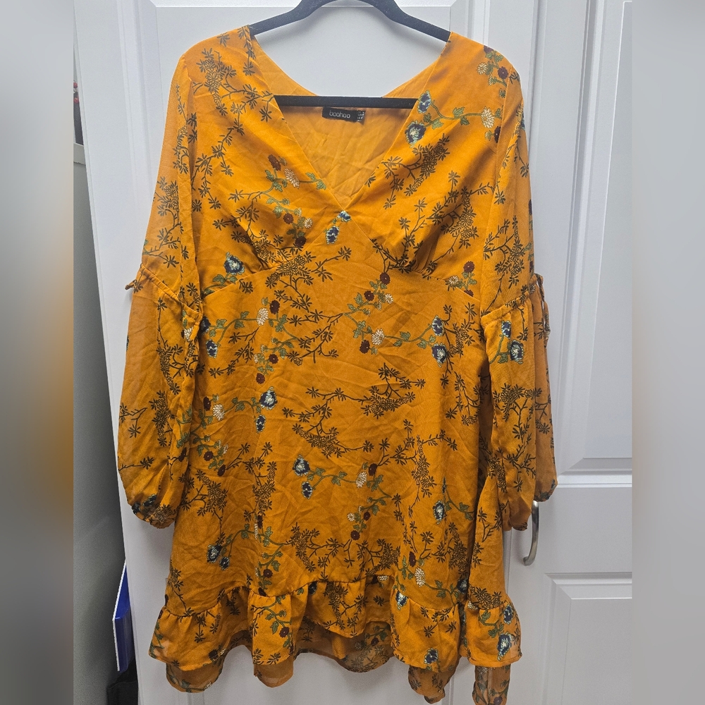 Bwutiful Mustard Floral Long Sleeve Dress By BOOHOO